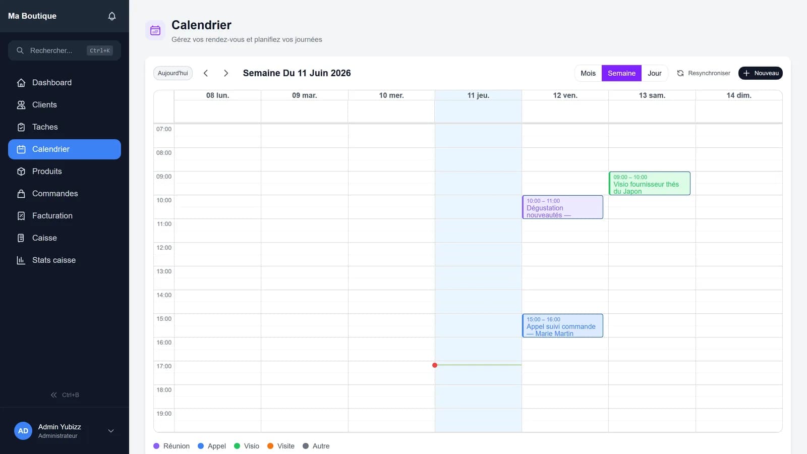 Calendrier Yubizz : vue mensuelle avec rendez-vous clients