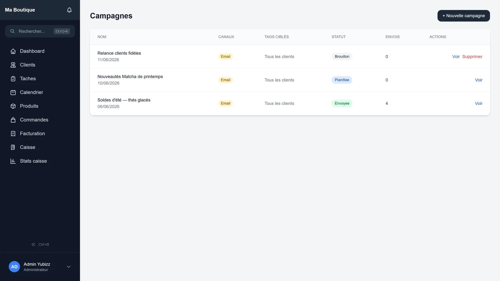 Module campagnes Yubizz : liste des campagnes avec canal, statut et statistiques d'envoi