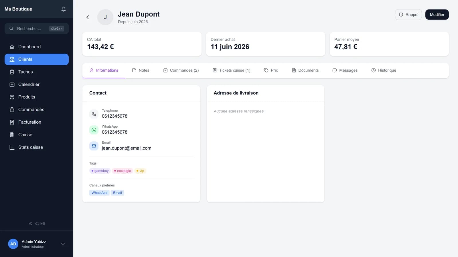 Fiche client Yubizz : coordonnées, statistiques, commandes, documents et historique