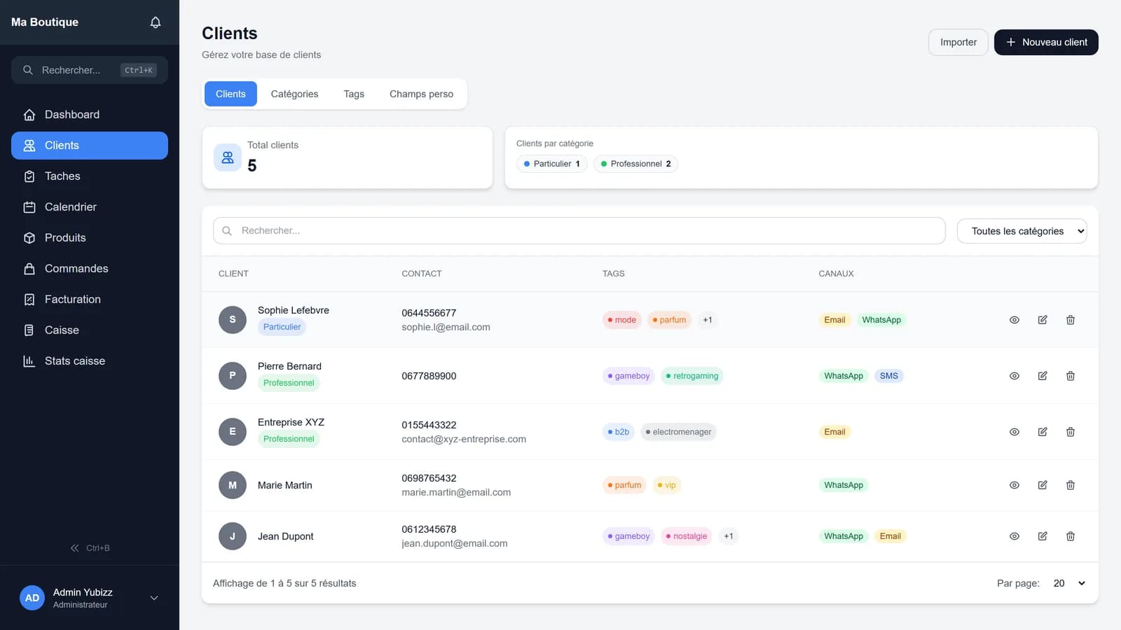Liste des clients Yubizz : recherche, catégories et tags