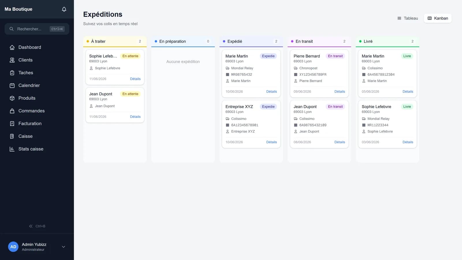 Kanban des expéditions Yubizz : colonnes par statut avec transporteurs et suivi
