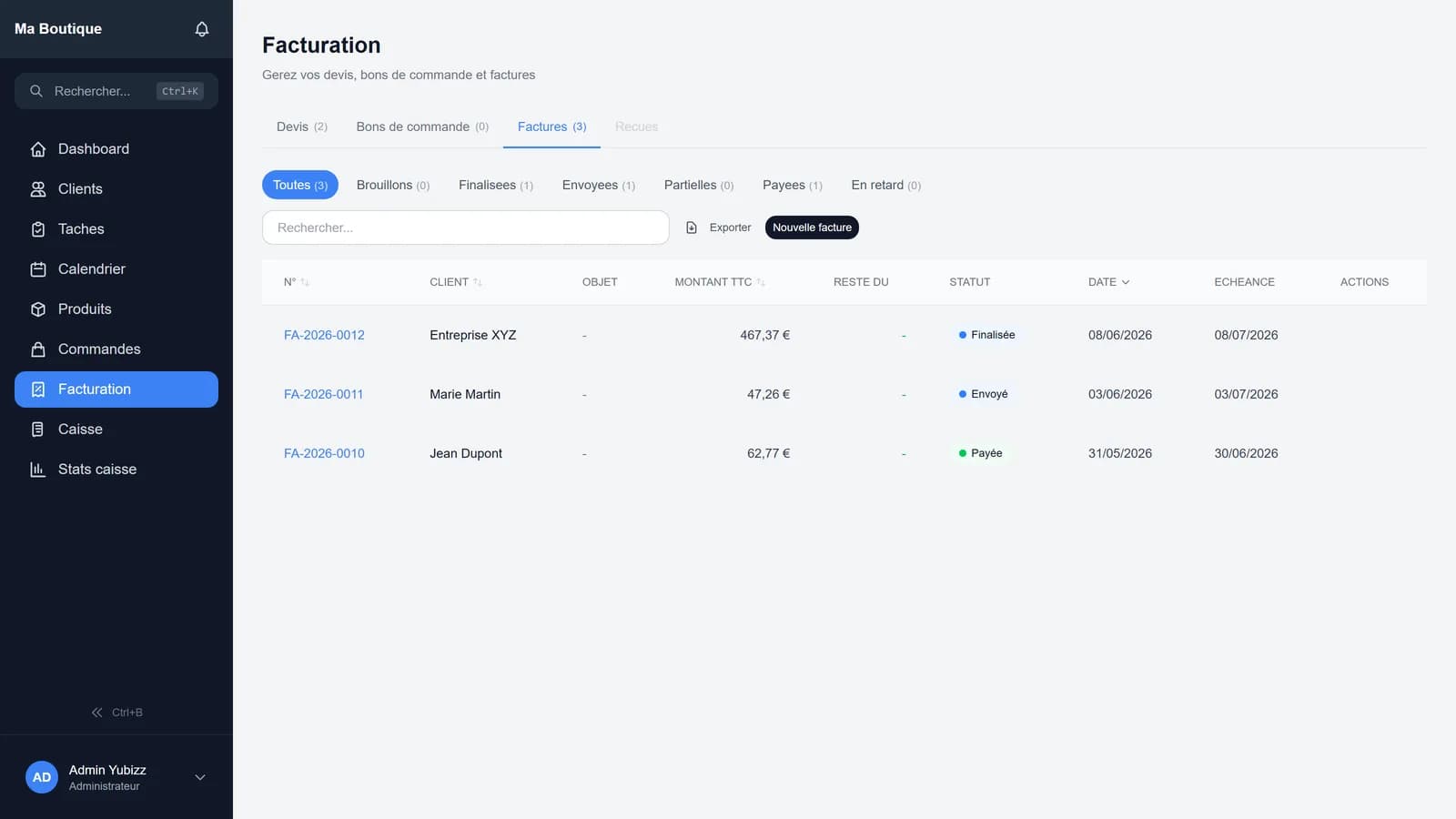 Module facturation Yubizz : liste des devis et factures avec statuts et montants