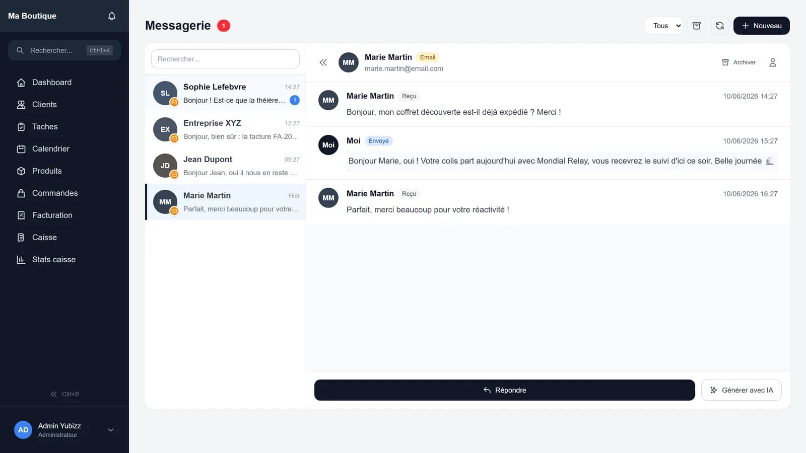 Inbox unifiée Yubizz : conversation e-mail ouverte avec brouillon IA et contexte client